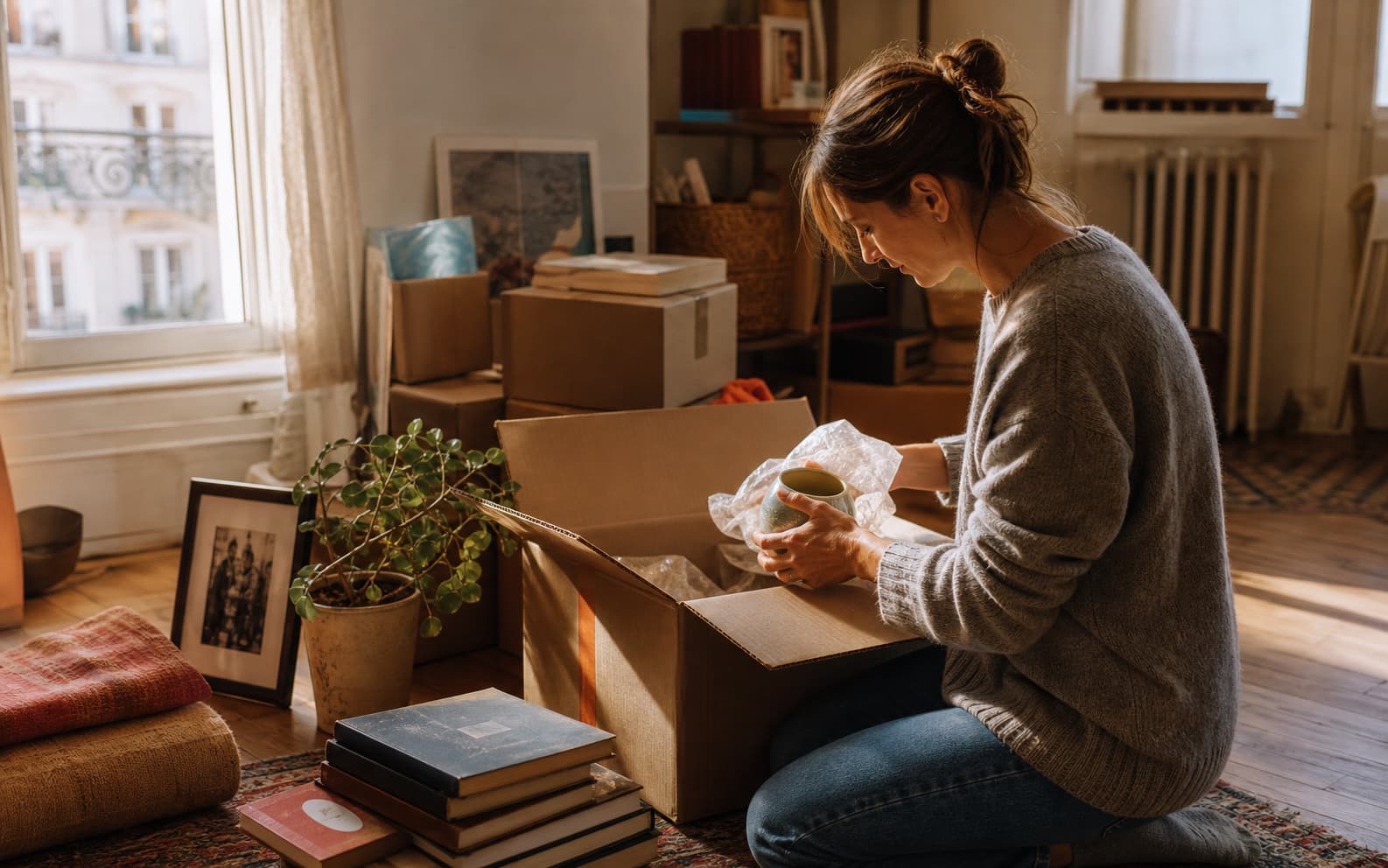 A family quietly packing their belongings together at home