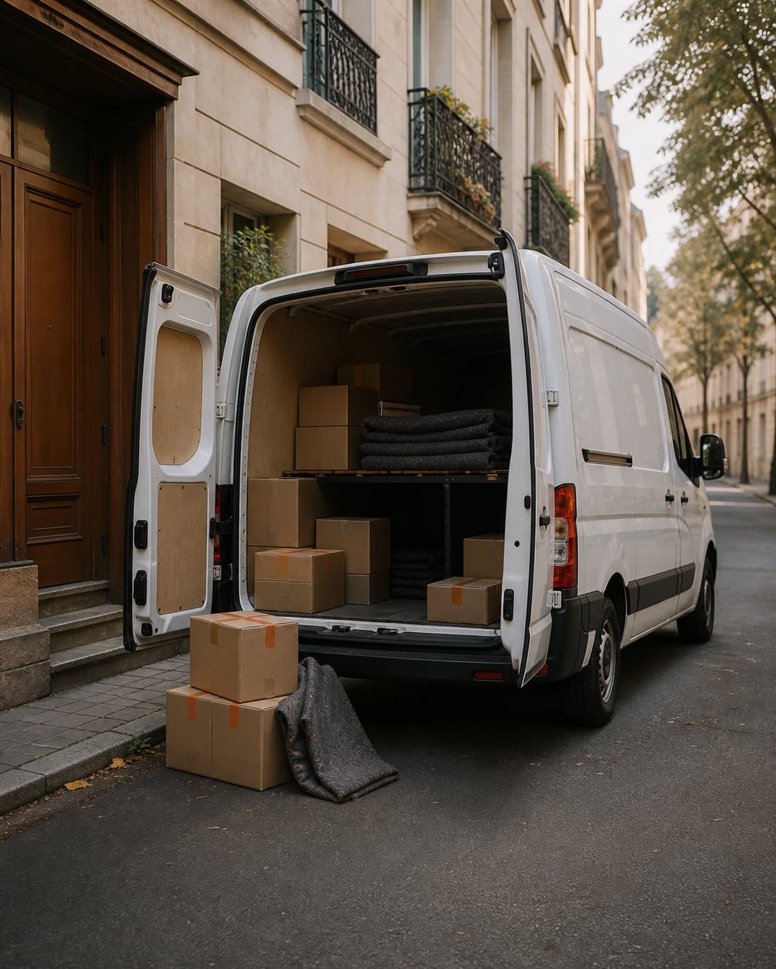 An unbranded delivery van travelling between homes in warm evening light