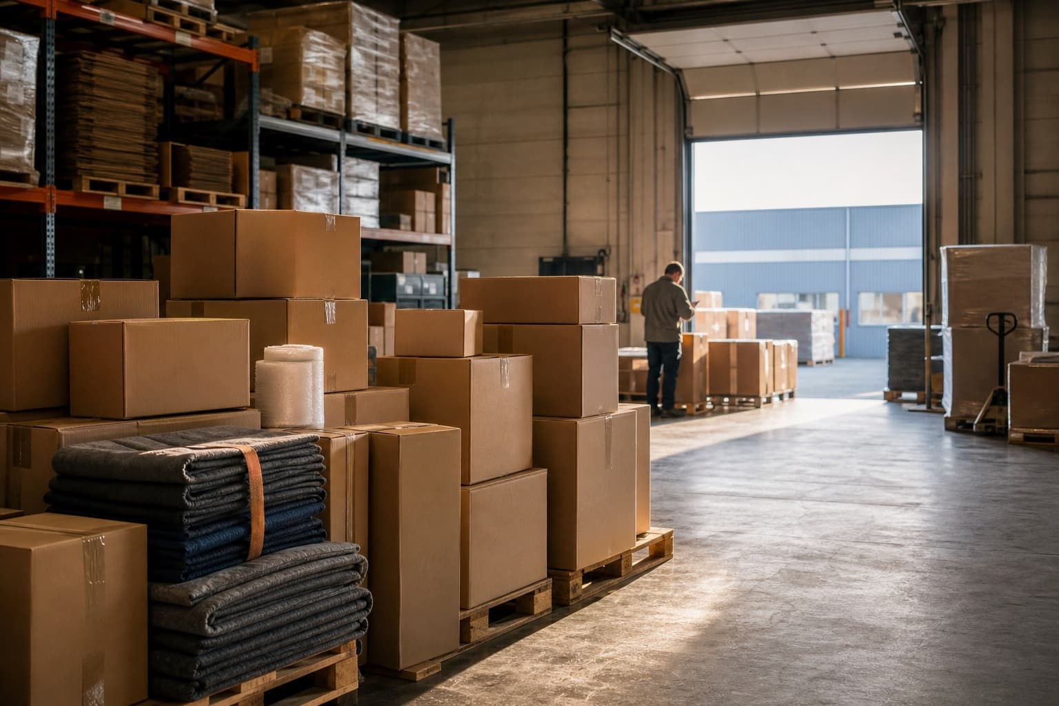 A warehouse worker guiding parcels through a warm, busy logistics space